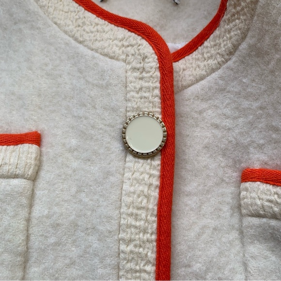 Pushbutton Boucle Cream With Orange Trim Snap Button Collarless Blazer Large - Picture 4 of 12